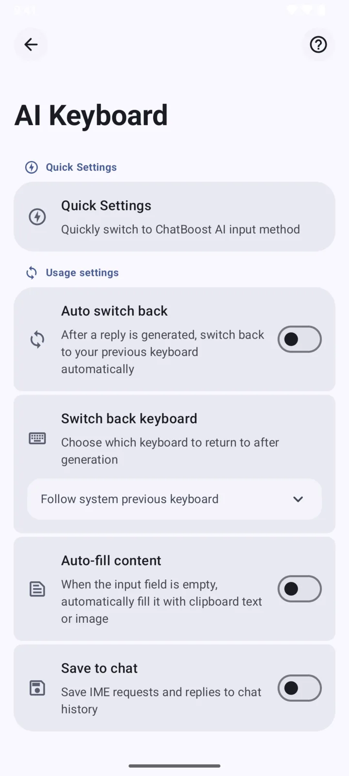 ChatBoost AI Keyboard settings screen.