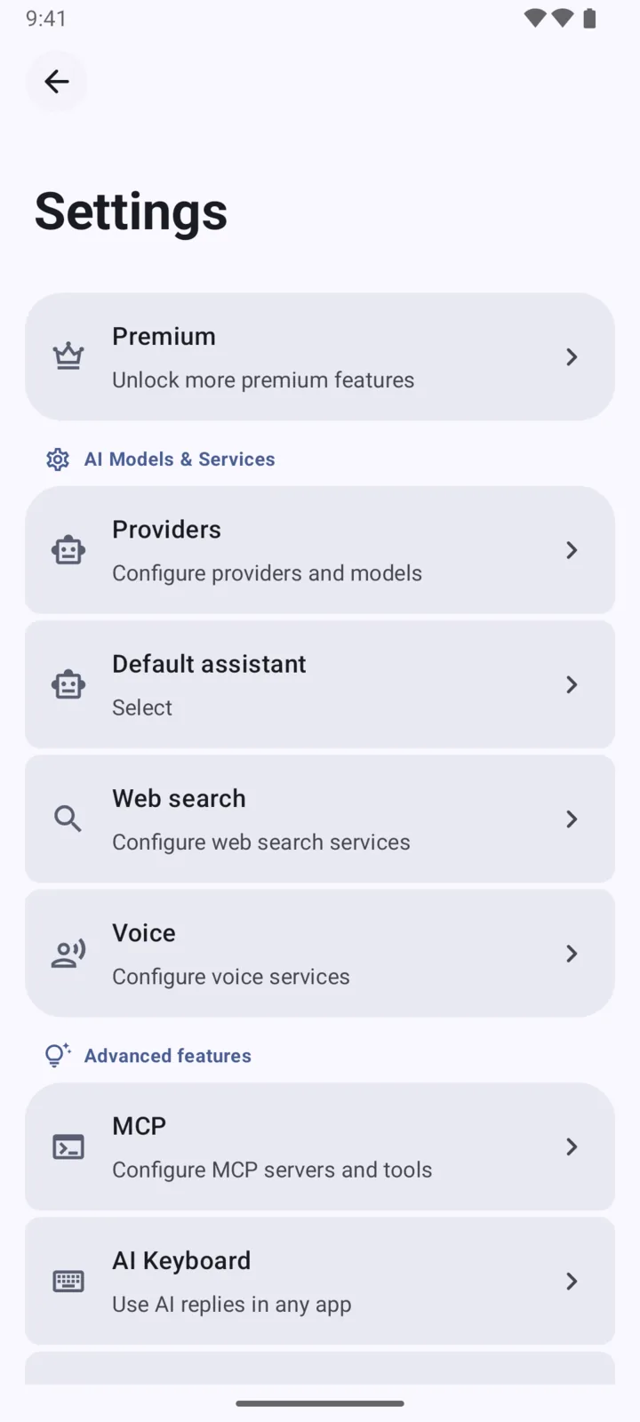 ChatBoost settings screen with model, search, voice, MCP, and keyboard options.