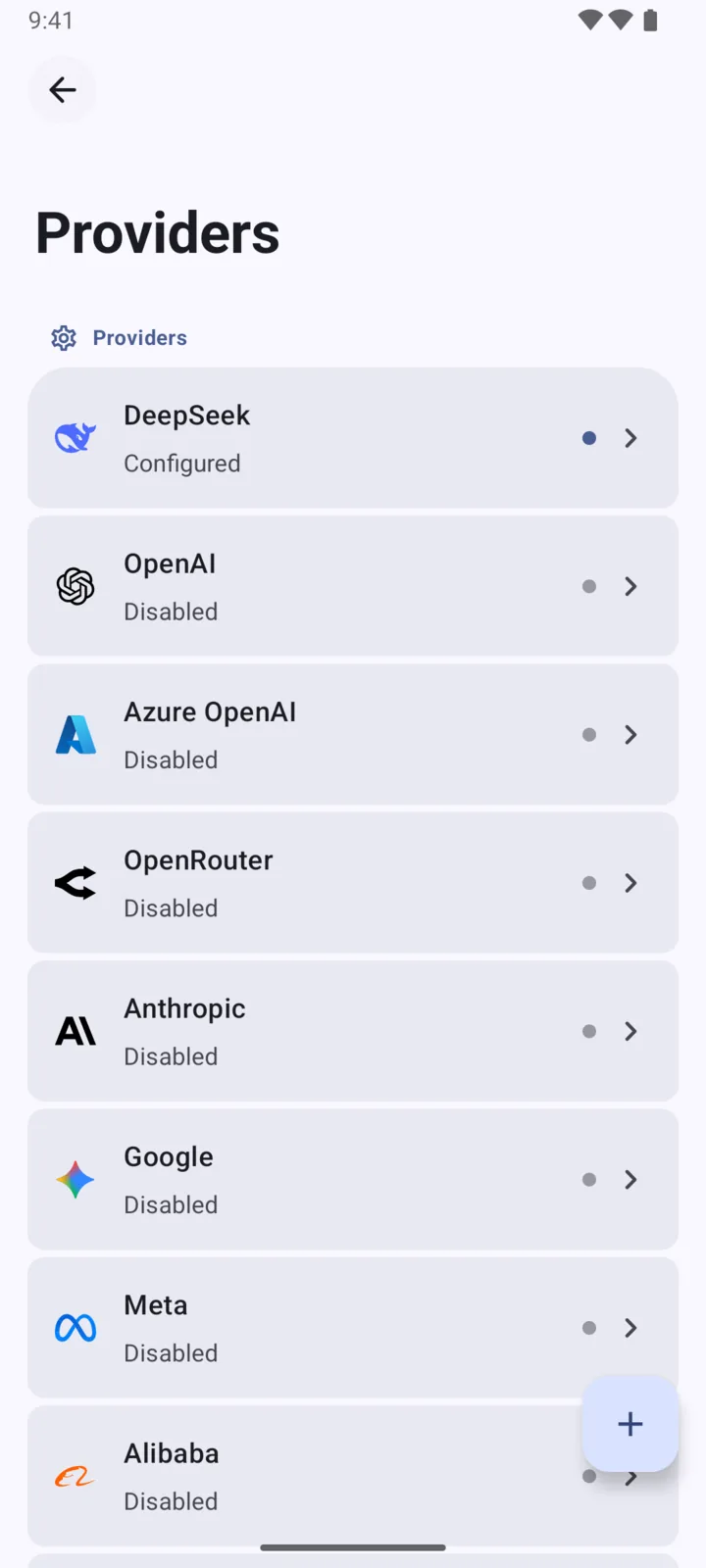 ChatBoost screen for connecting multiple AI model providers.