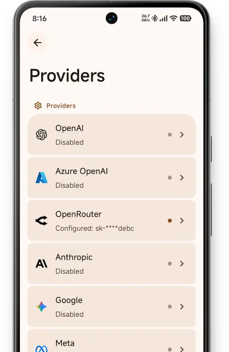 ChatBoost provider settings screen with multiple AI providers.
