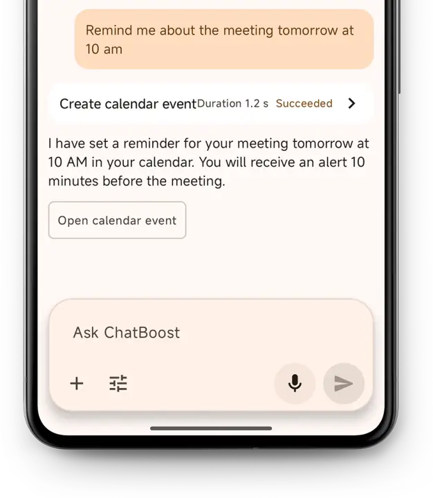 ChatBoost AI agent using a calendar tool on mobile.