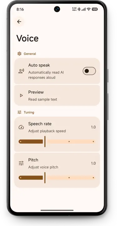 ChatBoost voice settings screen for read-aloud replies.