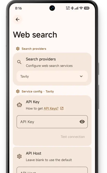 ChatBoost web search provider settings screen.